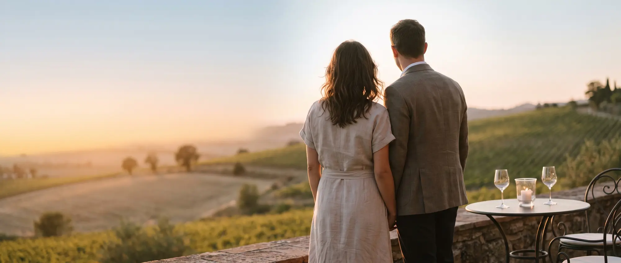 A couple overlooking a vineyard at sunset